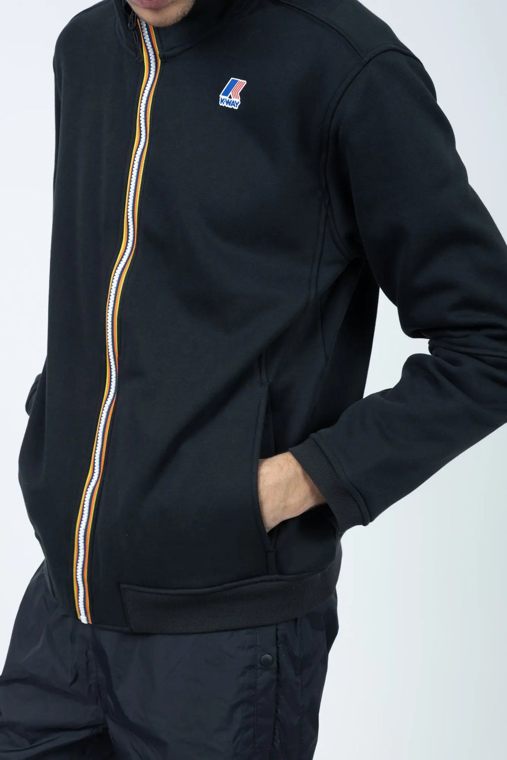 K-Way, Mens Jacket, Black, Cotton, Polyester, Fleece, Brushed, Full-Zip, Elasticated Hem and Cuffs, Chest Logo, Signature Zippers, Side Pockets, Close-up Side Pockets Showcase. 