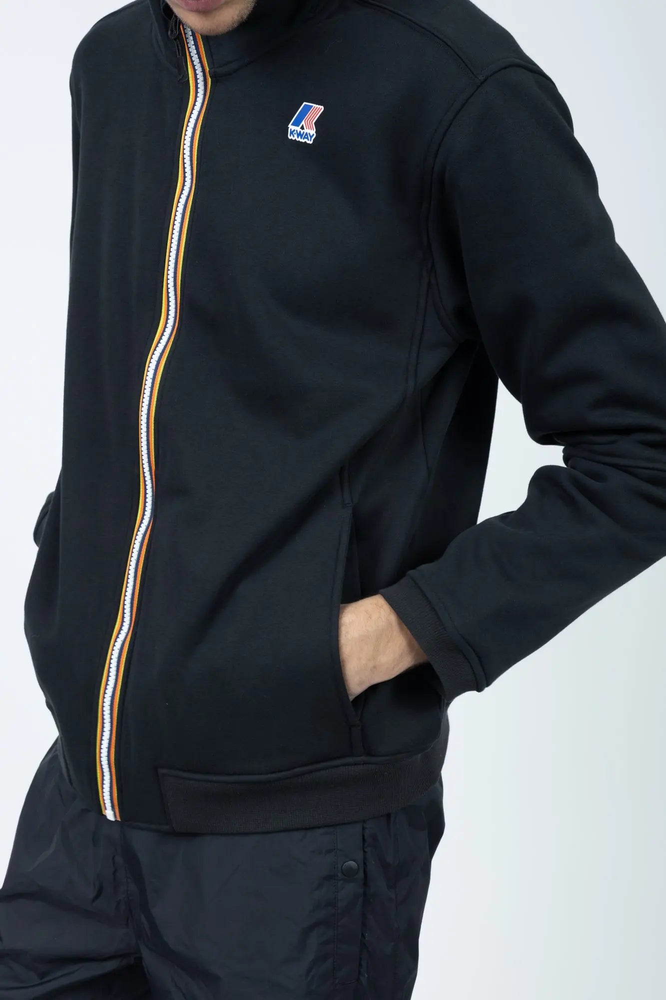 K-Way, Mens Jacket, Black, Cotton, Polyester, Fleece, Brushed, Full-Zip, Elasticated Hem and Cuffs, Chest Logo, Signature Zippers, Side Pockets, Close-up Side Pockets Showcase. 