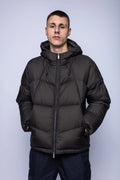 K-Way, Mens Jacket, Black Olive Combo, Hooded, Drawcord, Side Pocekts, Long Sleeves, Down Padded, Full Zip, Nylon, Waterproof, Puffer Jacket, Front Portrait. 