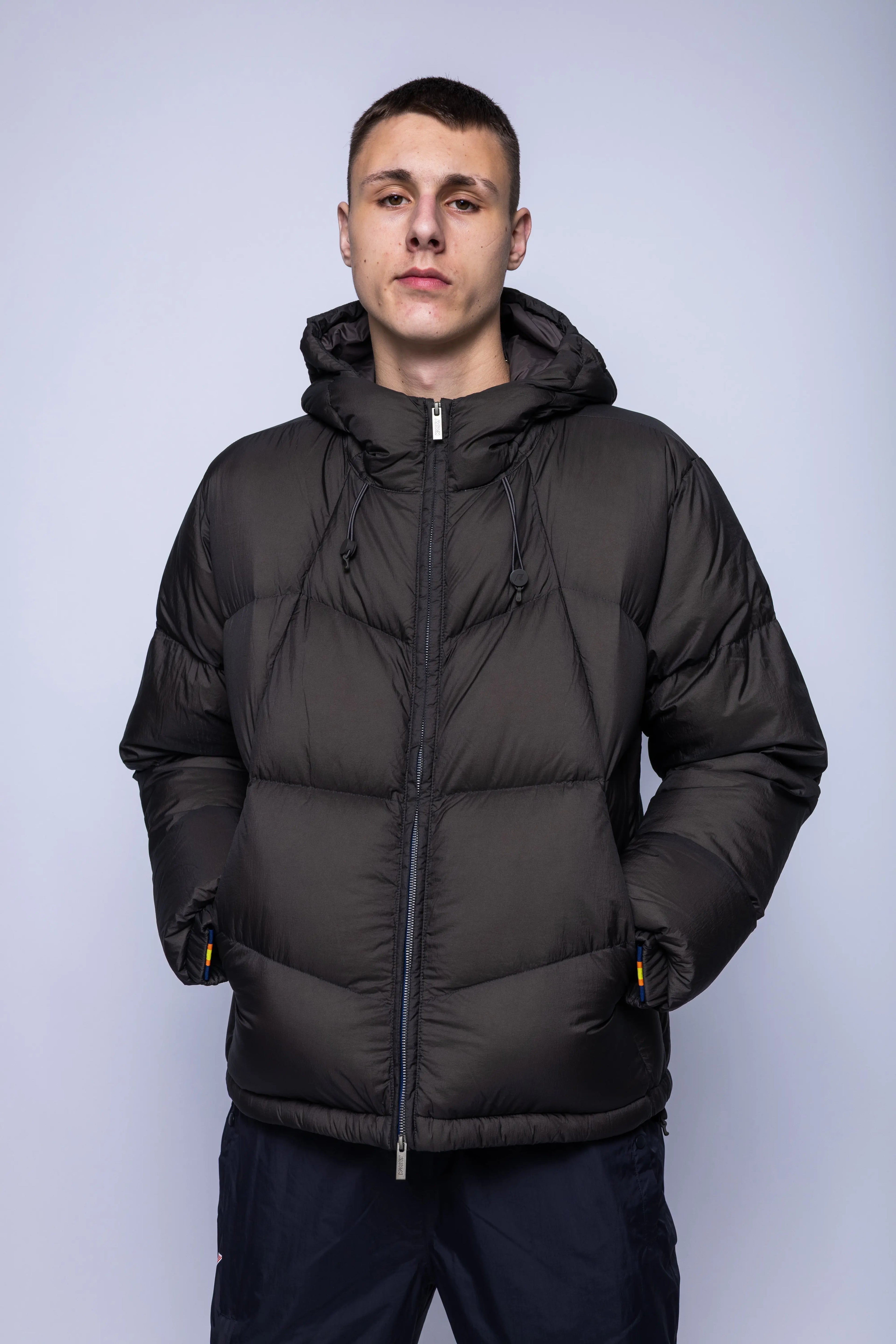K-Way, Mens Jacket, Black Olive Combo, Hooded, Drawcord, Side Pocekts, Long Sleeves, Down Padded, Full Zip, Nylon, Waterproof, Puffer Jacket, Front Portrait. 