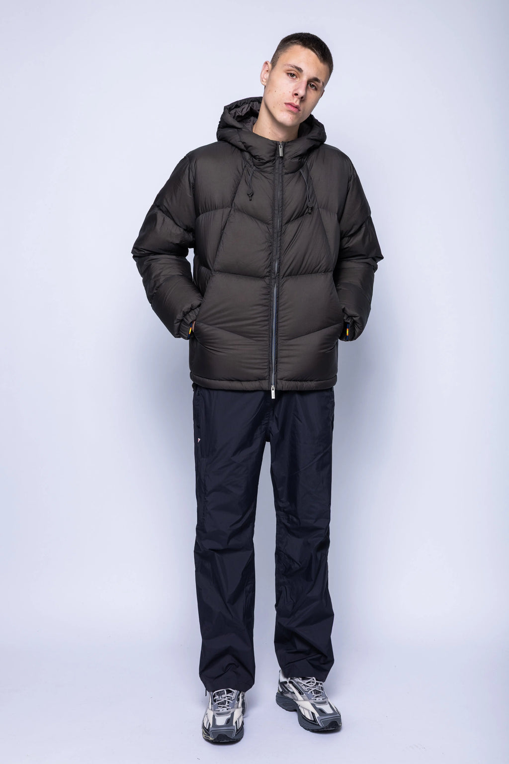 K-Way, Mens Jacket, Black Olive Combo, Hooded, Drawcord, Side Pocekts, Long Sleeves, Down Padded, Full Zip, Nylon, Waterproof, Puffer Jacket, Full Body Photo. 