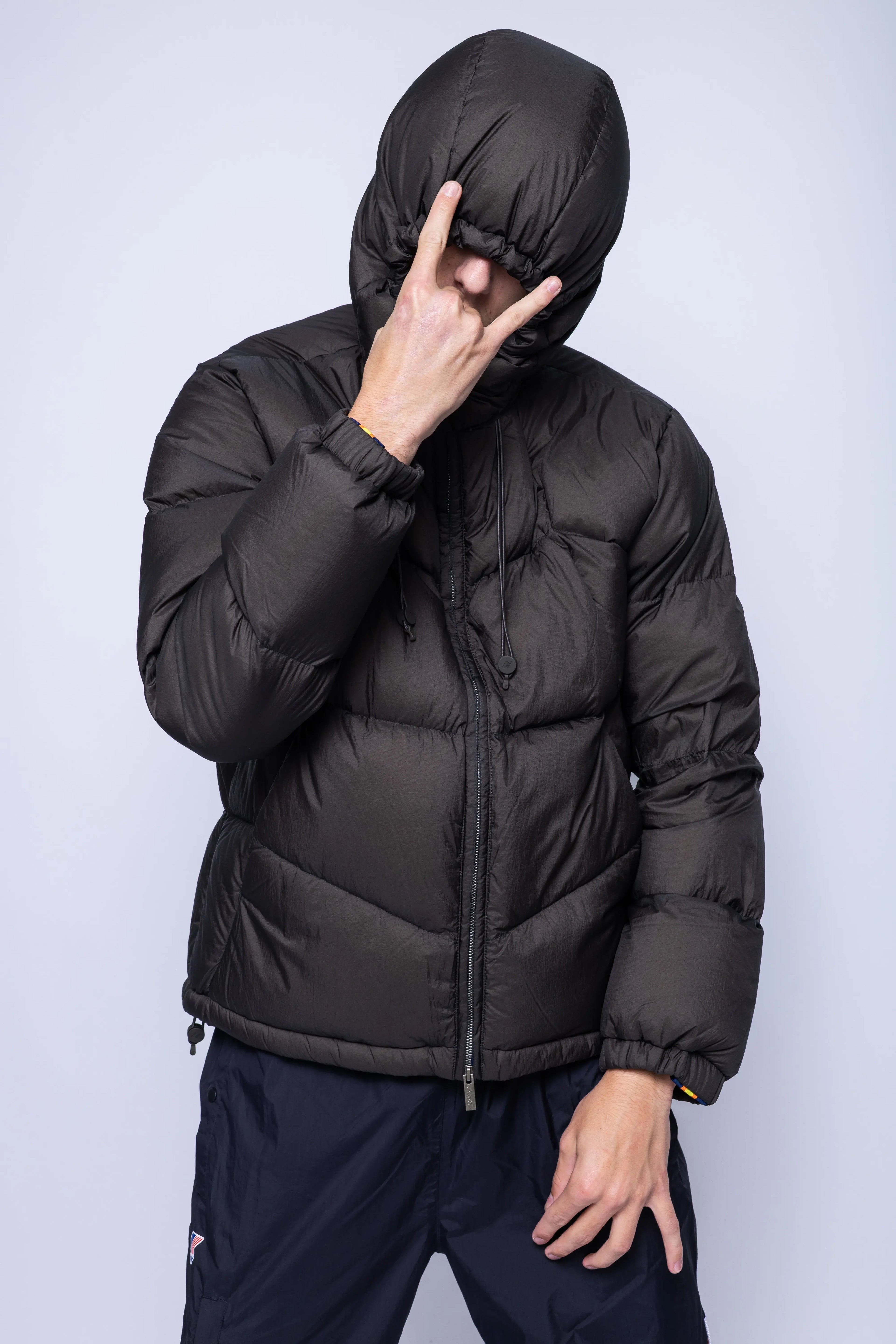 K-Way, Mens Jacket, Black Olive Combo, Hooded, Drawcord, Side Pocekts, Long Sleeves, Down Padded, Full Zip, Nylon, Waterproof, Puffer Jacket, Front Portrait Rocking Emote. 