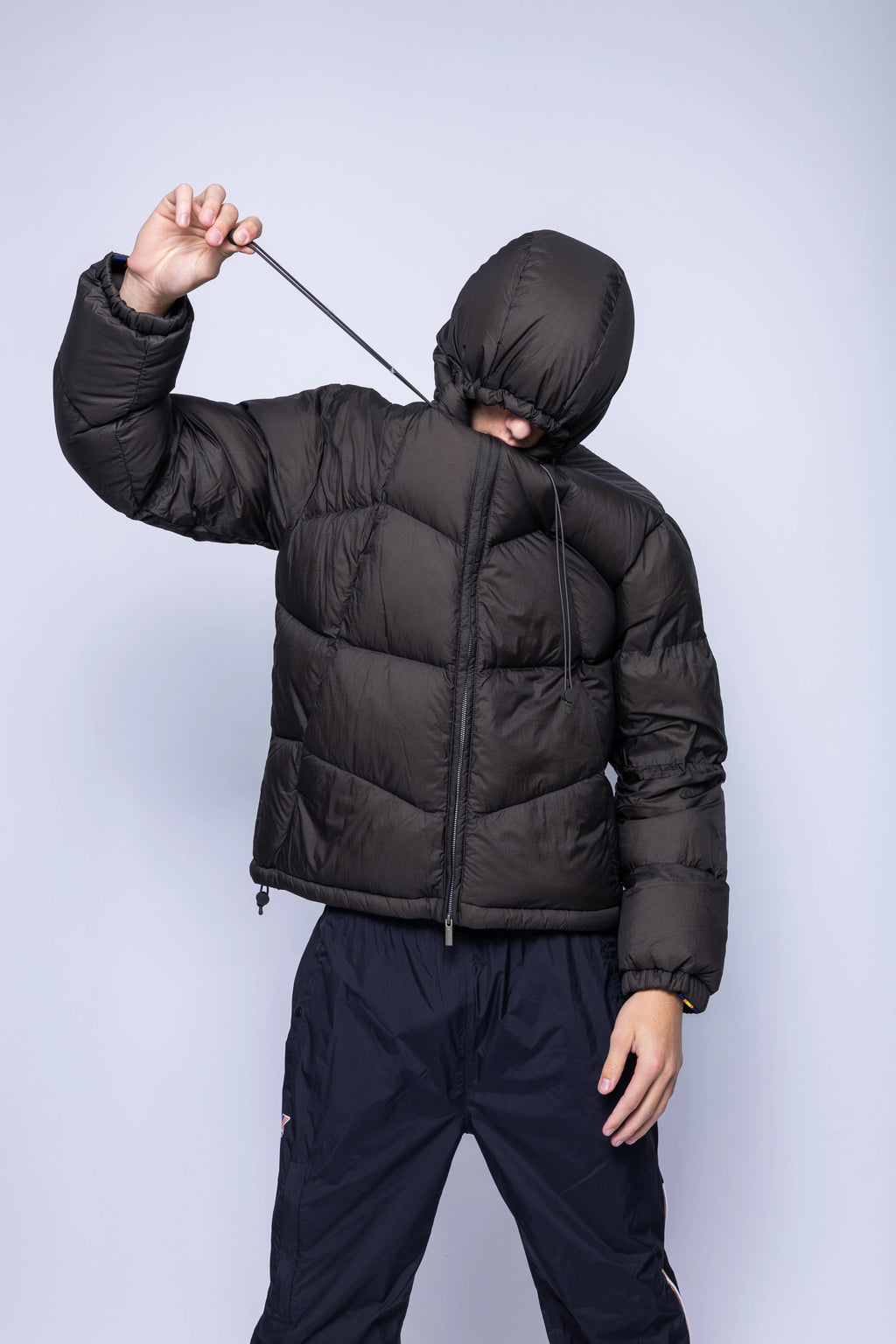 K-Way, Mens Jacket, Black Olive Combo, Hooded, Drawcord, Side Pocekts, Long Sleeves, Down Padded, Full Zip, Nylon, Waterproof, Puffer Jacket, Drawcord Showcase. 