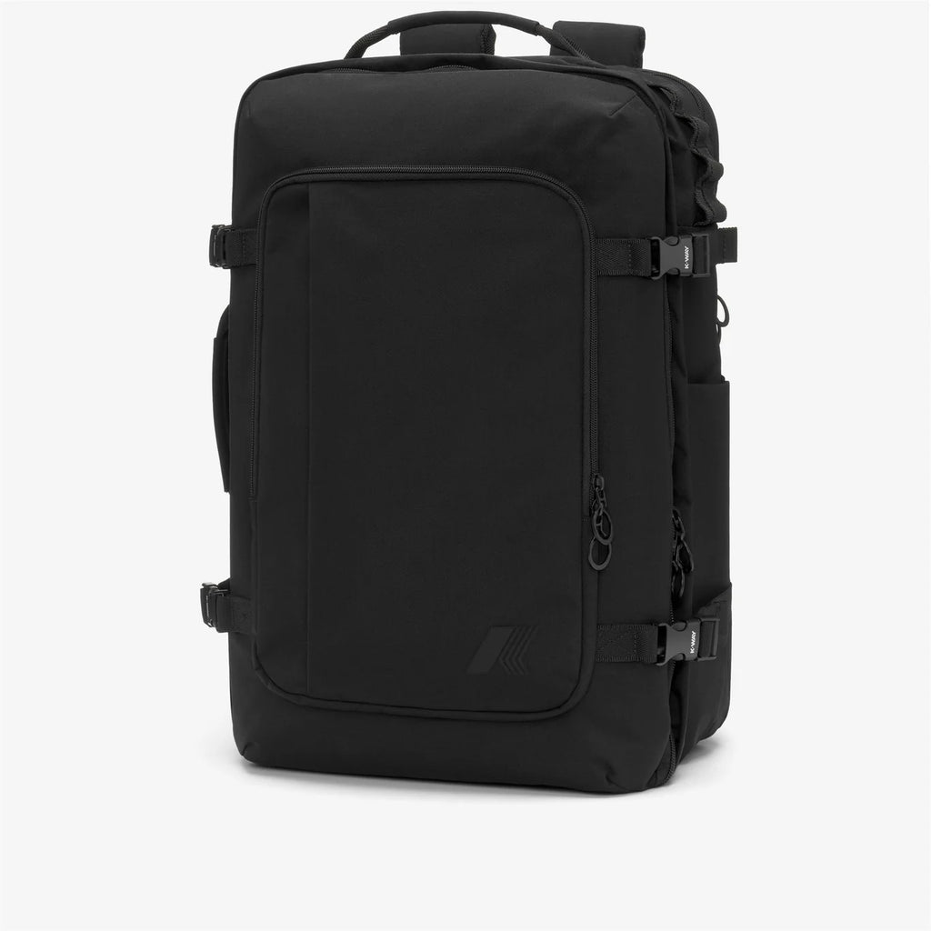 K-Way, Mens Backpack, Black Pure, Travel Backpack, Handles, Buckles, Pockets, Zippers, Laptop Compartment, Unisex, Black Carrying Straps, Front 3/4 View. 