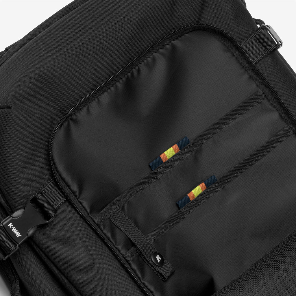 K-Way, Mens Backpack, Black Pure, Travel Backpack, Handles, Buckles, Pockets, Zippers, Laptop Compartment, Unisex, Black Carrying Straps, Inside Close-up View. 