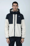K-Way, Mens Hoodie, Black Pure-Ecru, Water Proof, Sherpa-Effect Fleece, Micro Ripstop Nylon, Hooded, Jacket, Sweatshirt, Full-Zip, SIde Pockets, Elasticated Cuffs and Hem, Front Pockets, Silicone Logo-Patch, Drawstring Hood, Zip Pockets, Front Portrait. 
