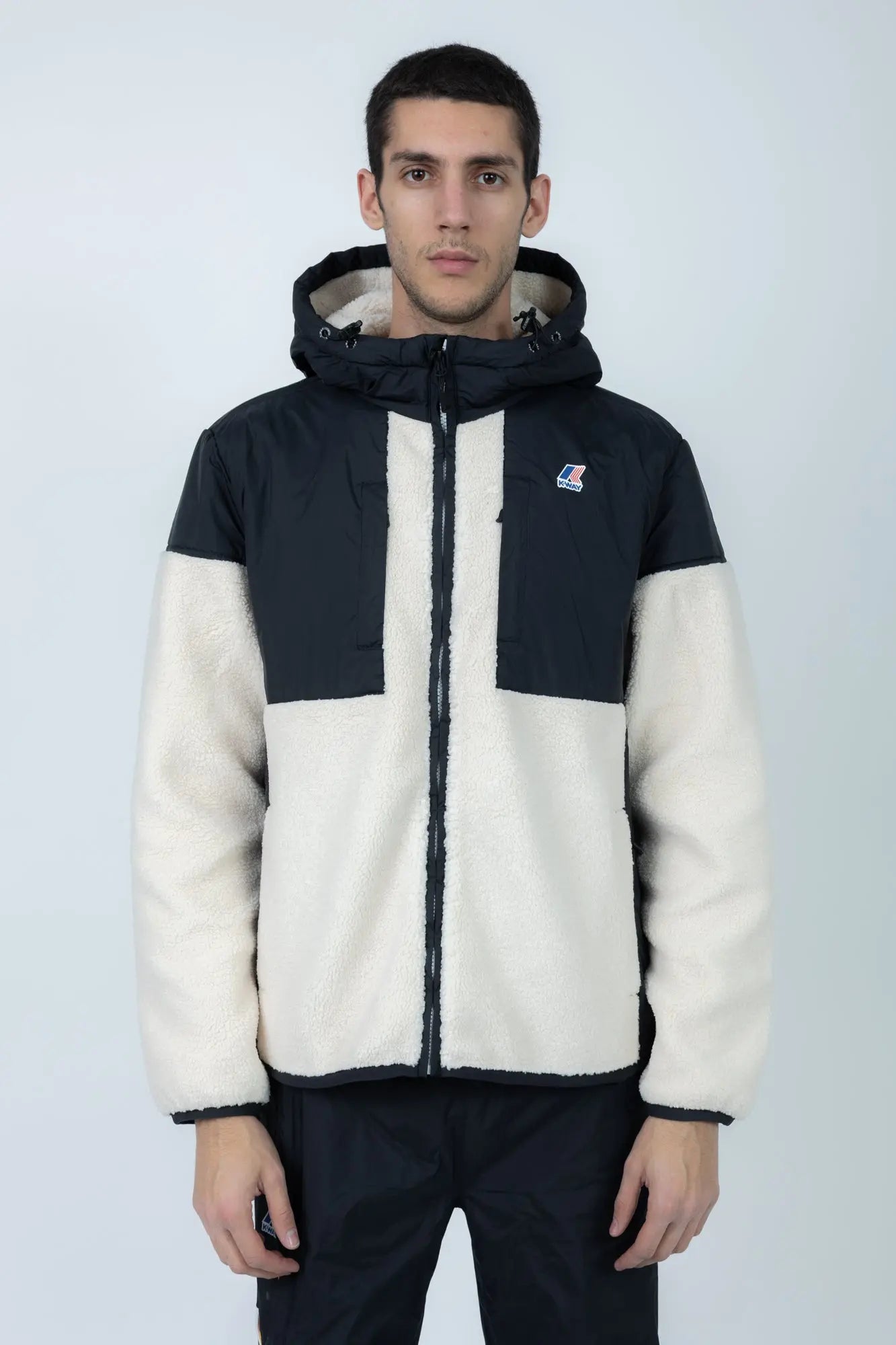 K-Way, Mens Hoodie, Black Pure-Ecru, Water Proof, Sherpa-Effect Fleece, Micro Ripstop Nylon, Hooded, Jacket, Sweatshirt, Full-Zip, SIde Pockets, Elasticated Cuffs and Hem, Front Pockets, Silicone Logo-Patch, Drawstring Hood, Zip Pockets, Front Portrait. 