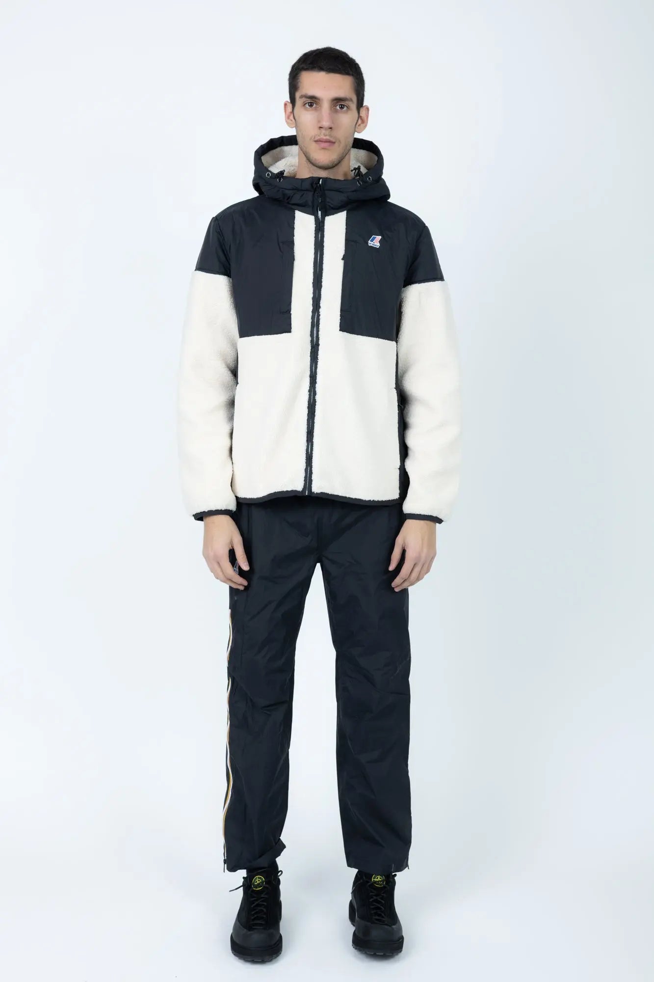 K-Way, Mens Hoodie, Black Pure-Ecru, Water Proof, Sherpa-Effect Fleece, Micro Ripstop Nylon, Hooded, Jacket, Sweatshirt, Full-Zip, SIde Pockets, Elasticated Cuffs and Hem, Front Pockets, Silicone Logo-Patch, Drawstring Hood, Zip Pockets, Full Body Front View. 