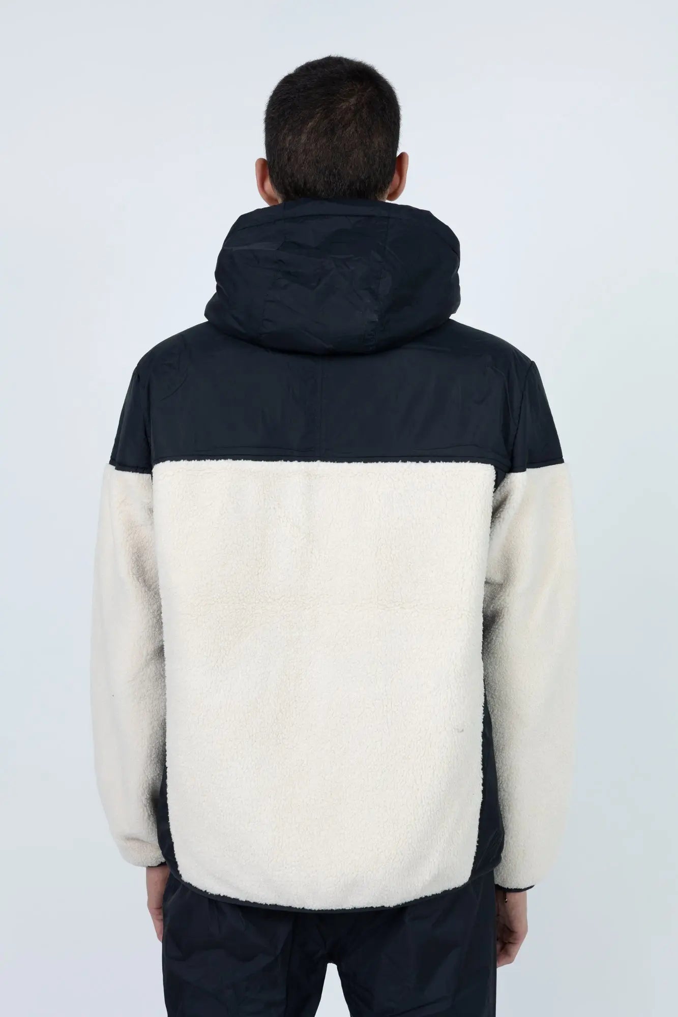 K-Way, Mens Hoodie, Black Pure-Ecru, Water Proof, Sherpa-Effect Fleece, Micro Ripstop Nylon, Hooded, Jacket, Sweatshirt, Full-Zip, SIde Pockets, Elasticated Cuffs and Hem, Front Pockets, Silicone Logo-Patch, Drawstring Hood, Zip Pockets, Back View. 