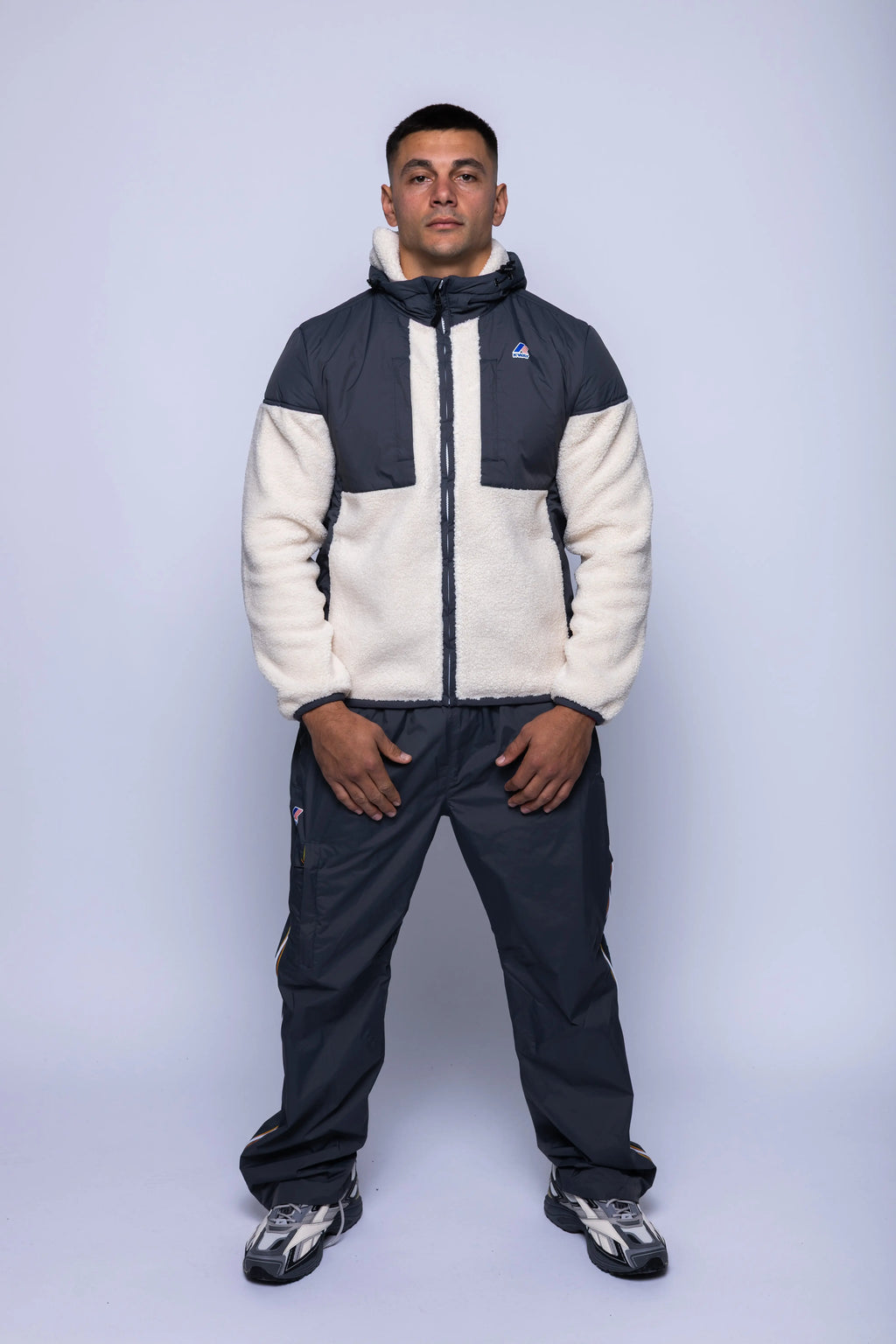 K-Way, Mens Hoodie, Grey Shadow DK-Ecru, Water Proof, Sherpa-Effect Fleece, Micro Ripstop Nylon, Hooded, Jacket, Sweatshirt, Full-Zip, SIde Pockets, Elasticated Cuffs and Hem, Front Pockets, Silicone Logo-Patch, Drawstring Hood, Zip Pockets, Full Body Front View. 
