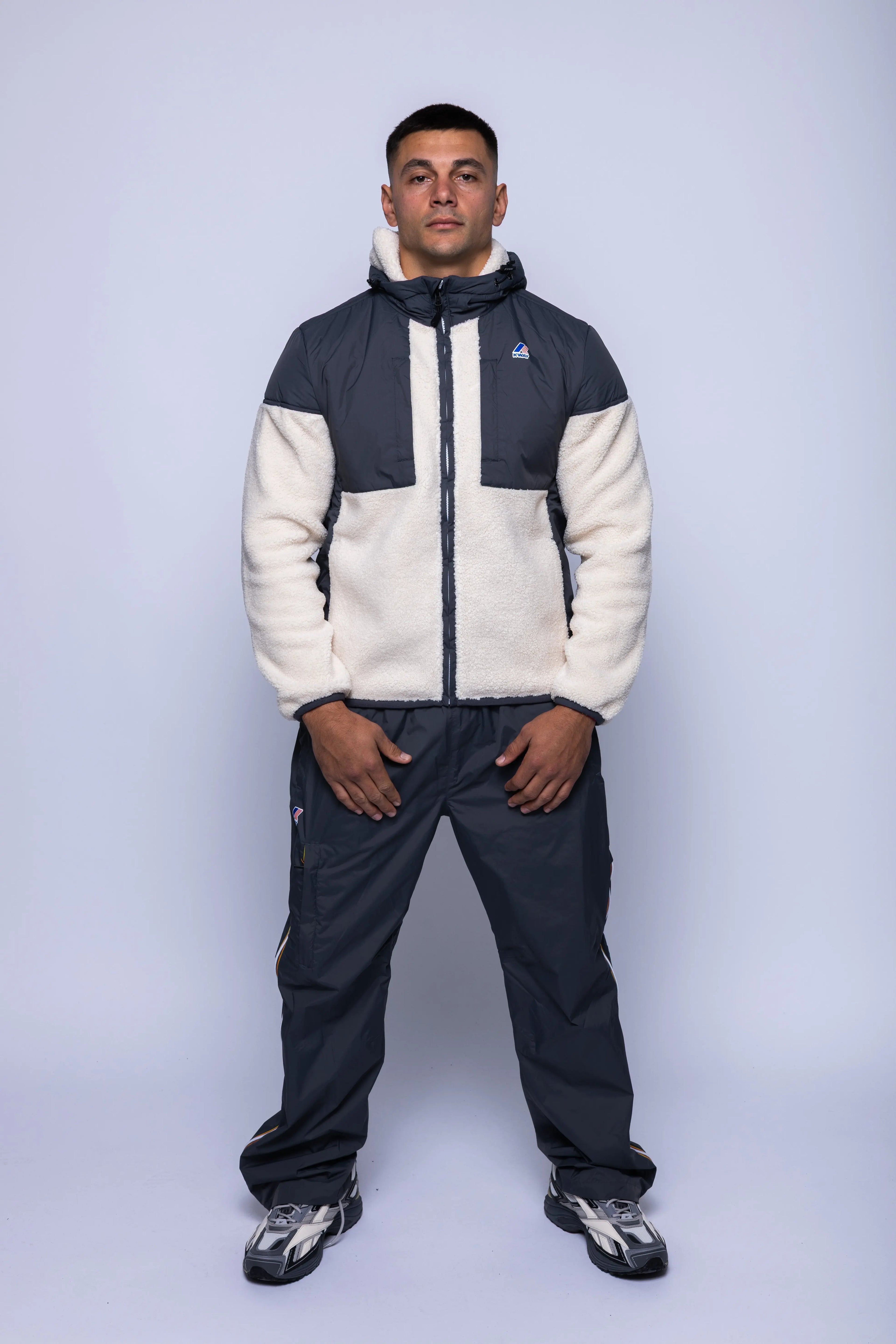 K-Way, Mens Hoodie, Grey Shadow DK-Ecru, Water Proof, Sherpa-Effect Fleece, Micro Ripstop Nylon, Hooded, Jacket, Sweatshirt, Full-Zip, SIde Pockets, Elasticated Cuffs and Hem, Front Pockets, Silicone Logo-Patch, Drawstring Hood, Zip Pockets, Full Body Front View. 