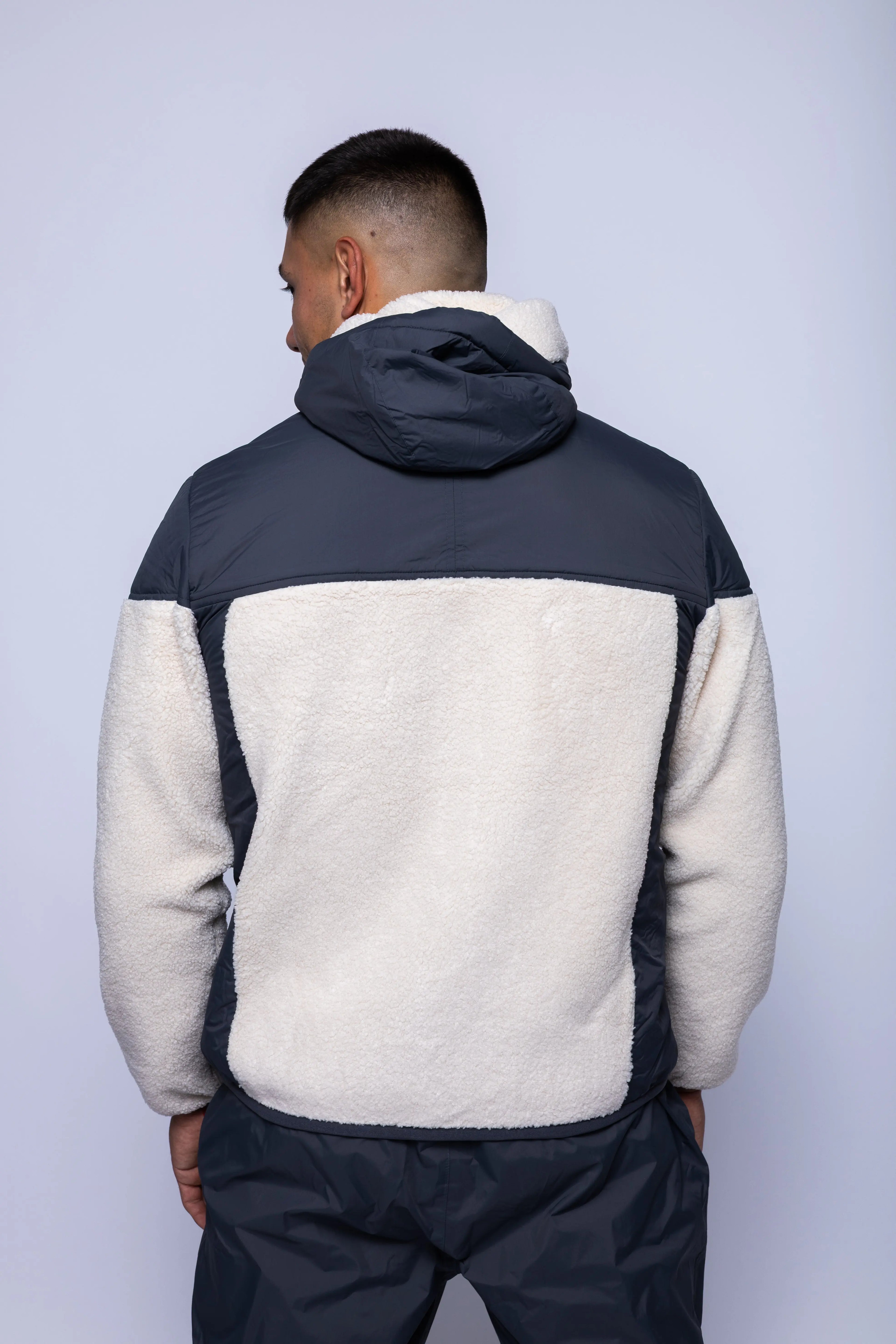 K-Way, Mens Hoodie, Grey Shadow DK-Ecru, Water Proof, Sherpa-Effect Fleece, Micro Ripstop Nylon, Hooded, Jacket, Sweatshirt, Full-Zip, SIde Pockets, Elasticated Cuffs and Hem, Front Pockets, Silicone Logo-Patch, Drawstring Hood, Zip Pockets, Back Portrait. 