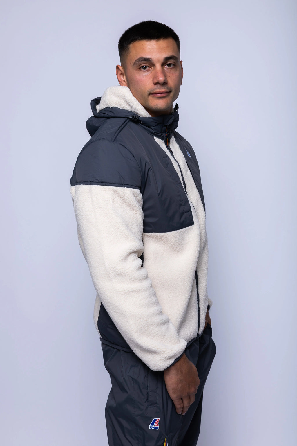 K-Way, Mens Hoodie, Grey Shadow DK-Ecru, Water Proof, Sherpa-Effect Fleece, Micro Ripstop Nylon, Hooded, Jacket, Sweatshirt, Full-Zip, SIde Pockets, Elasticated Cuffs and Hem, Front Pockets, Silicone Logo-Patch, Drawstring Hood, Zip Pockets, Side Angle Photo. 