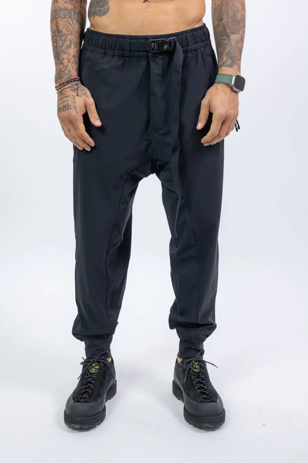 Thom Krom,Mens Trousers,Black,Low Crotch,Integrated Cinch Belt At Waistband,Front Zip Pockets,Back Welt And Cargo Pockets,Concealed Safety Pocket,Power Evo Stretch Fabric,Half Body