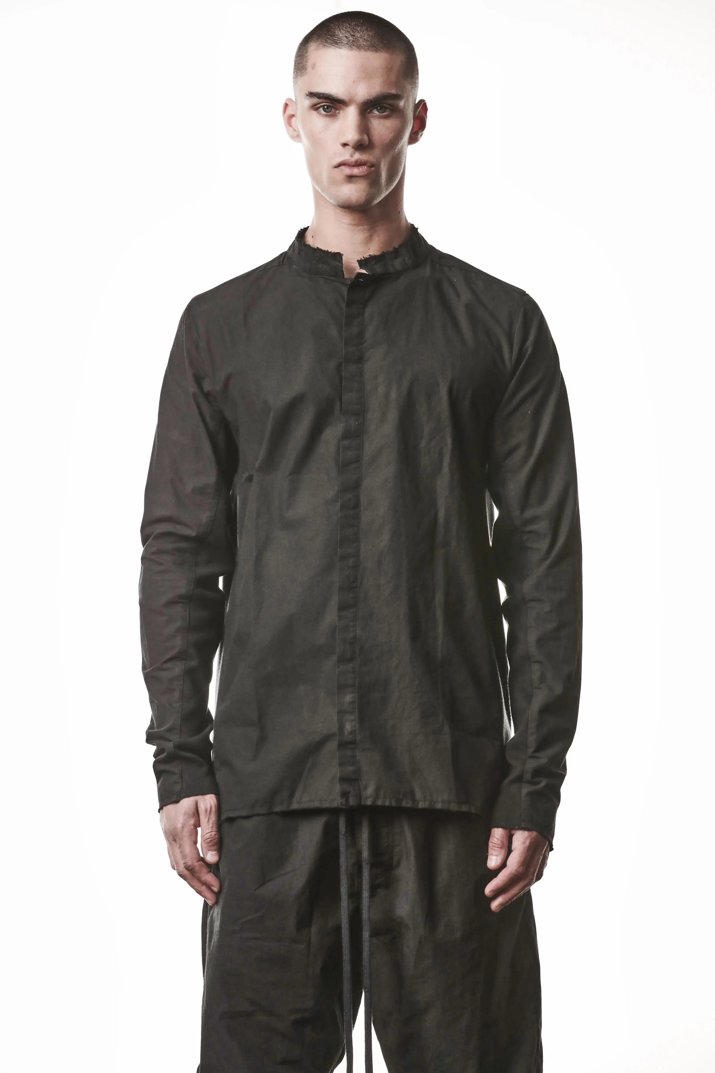 Thom Krom, Mens Shirt, Vegetal Black, Cotton Ribbed Inserts, Raw-cut, Concealed Placket, Buttons, Stand-up collar, 100% Cotton, Garment Dyed, Slim Fit, Front Portrait. 