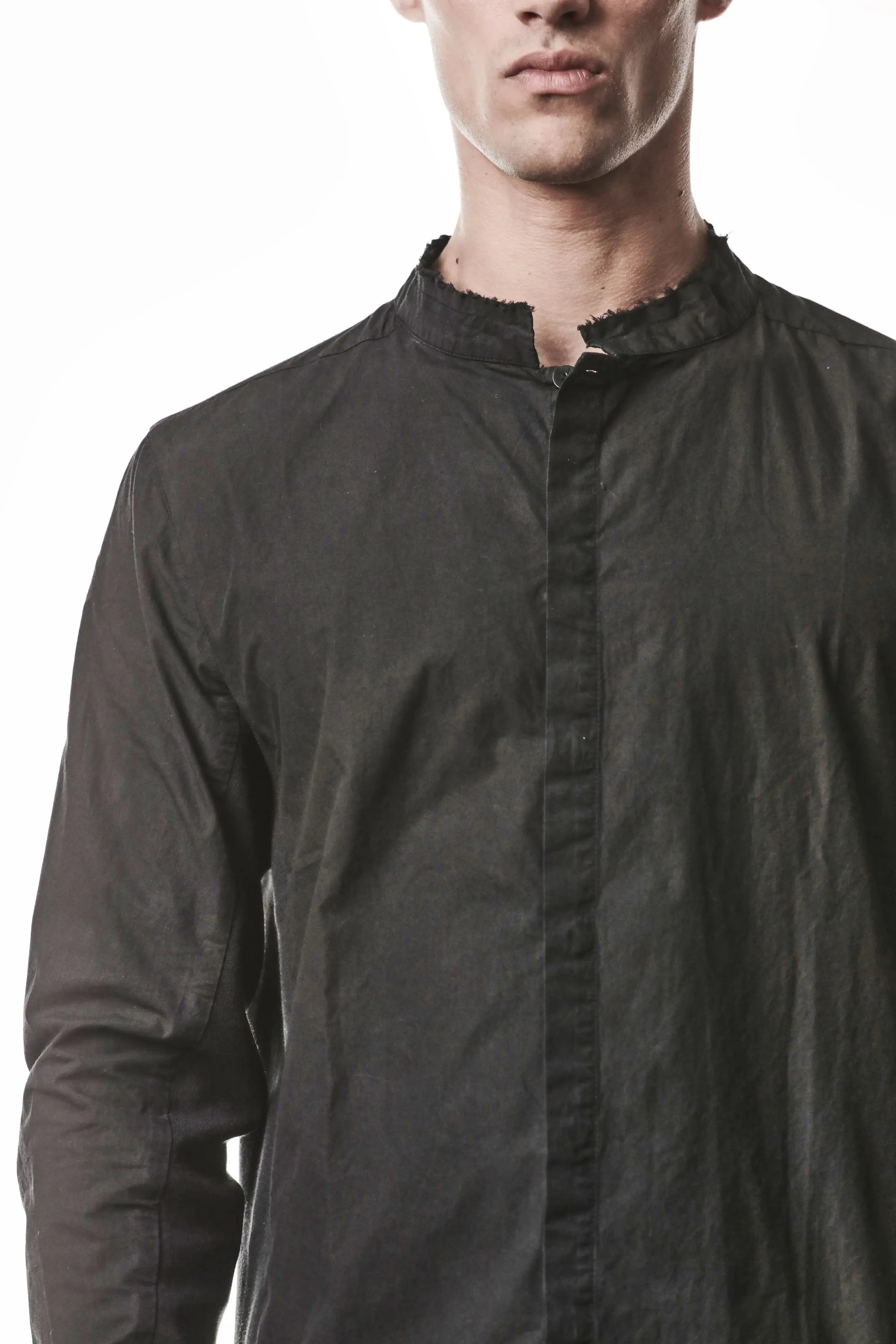 Thom Krom, Mens Shirt, Vegetal Black, Cotton Ribbed Inserts, Raw-cut, Concealed Placket, Buttons, Stand-up collar, 100% Cotton, Garment Dyed, Slim Fit, Front Concealed Details Showcase. 