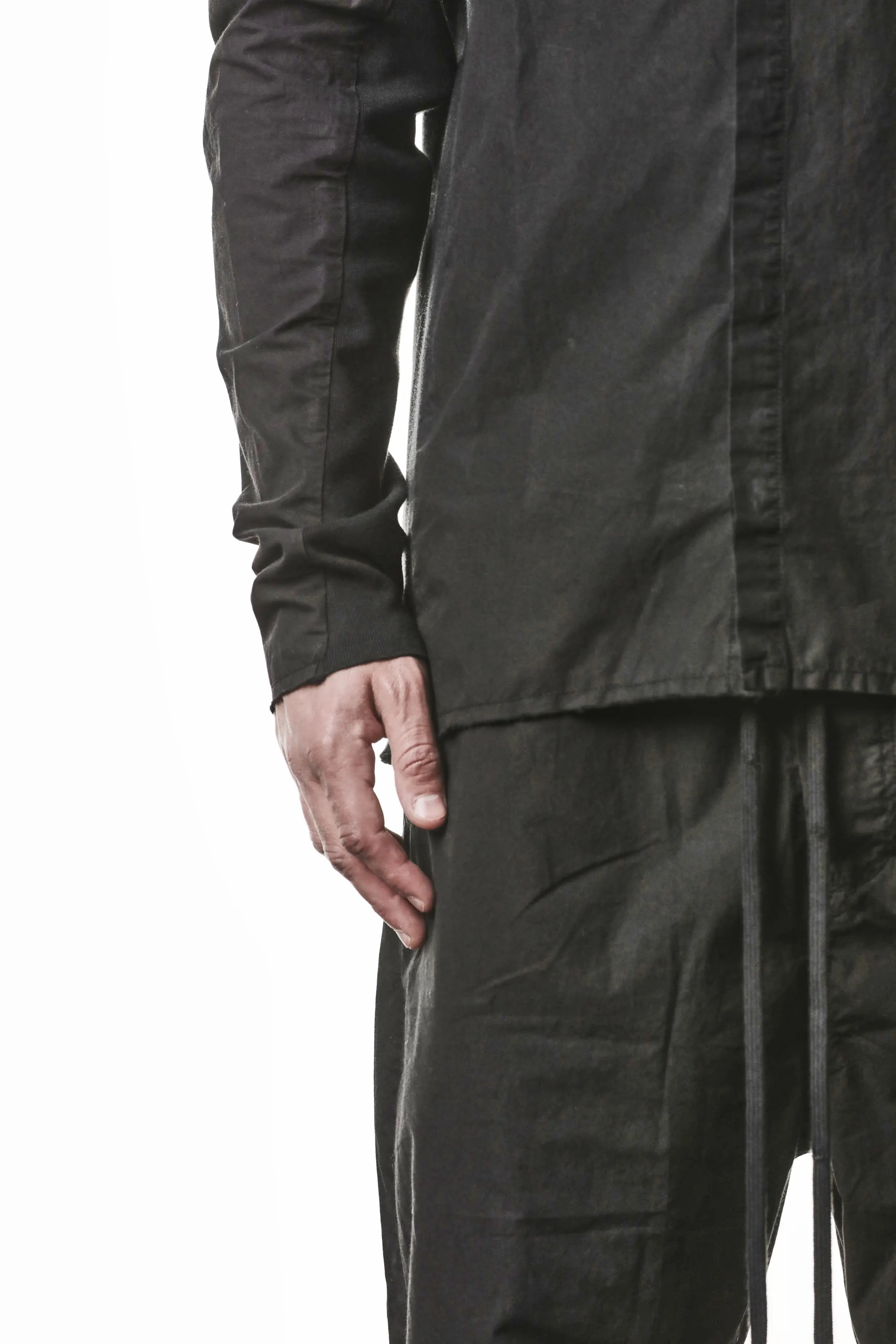 Thom Krom, Mens Shirt, Vegetal Black, Cotton Ribbed Inserts, Raw-cut, Concealed Placket, Buttons, Stand-up collar, 100% Cotton, Garment Dyed, Slim Fit, Sleeve and Length Showcase. 