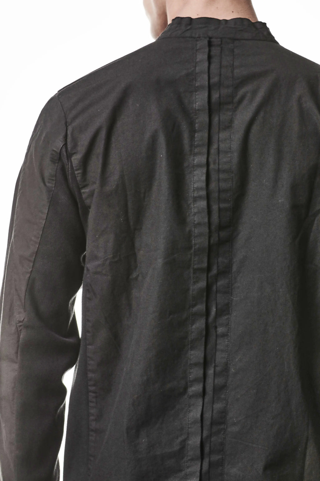 Thom Krom, Mens Shirt, Vegetal Black, Cotton Ribbed Inserts, Raw-cut, Concealed Placket, Buttons, Stand-up collar, 100% Cotton, Garment Dyed, Slim Fit, Back Details Close-up. 