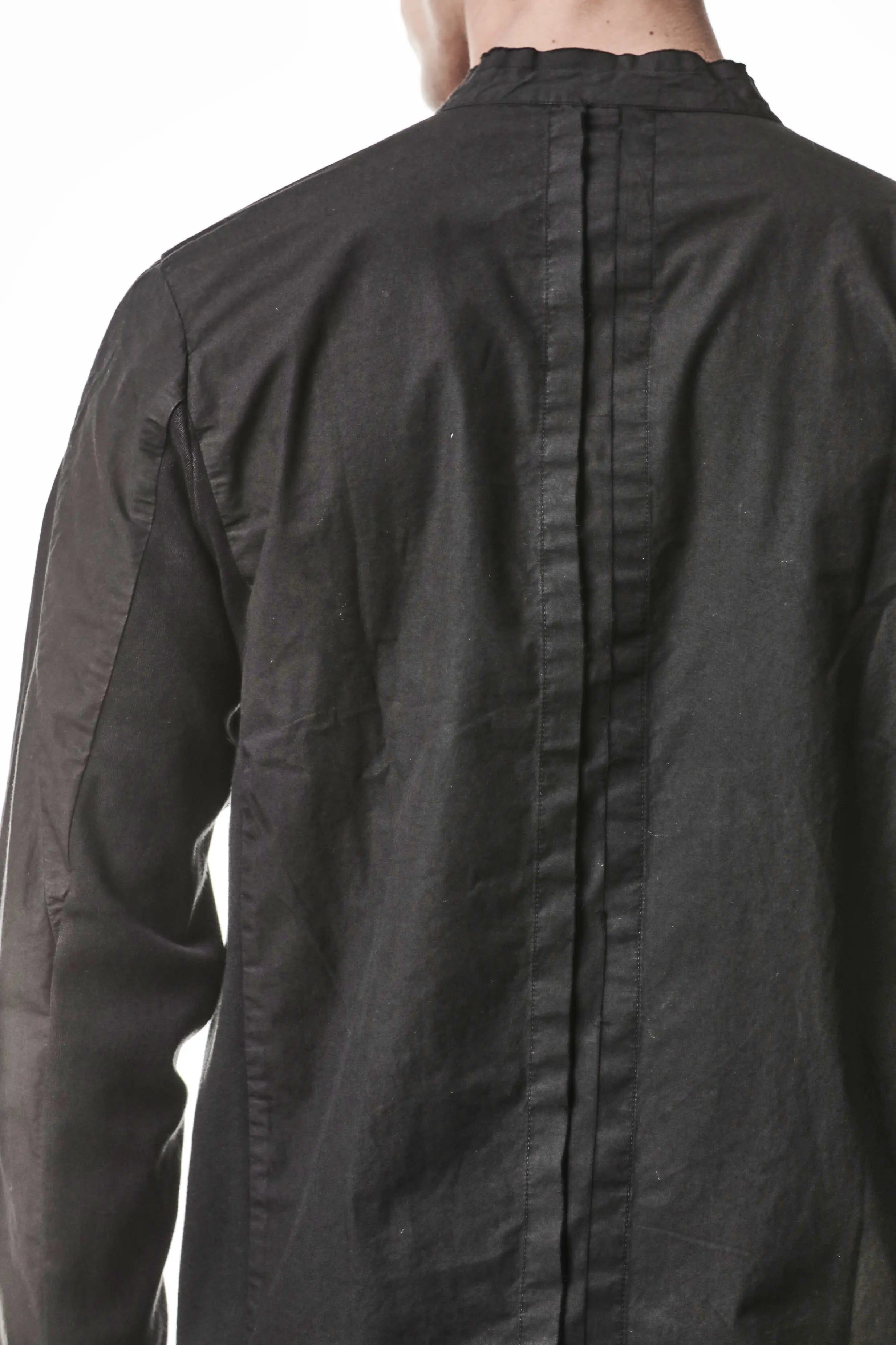 Thom Krom, Mens Shirt, Vegetal Black, Cotton Ribbed Inserts, Raw-cut, Concealed Placket, Buttons, Stand-up collar, 100% Cotton, Garment Dyed, Slim Fit, Back Details Close-up. 