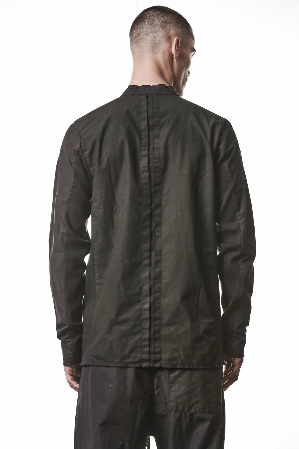 Thom Krom, Mens Shirt, Vegetal Black, Cotton Ribbed Inserts, Raw-cut, Concealed Placket, Buttons, Stand-up collar, 100% Cotton, Garment Dyed, Slim Fit, Back Portrait. 
