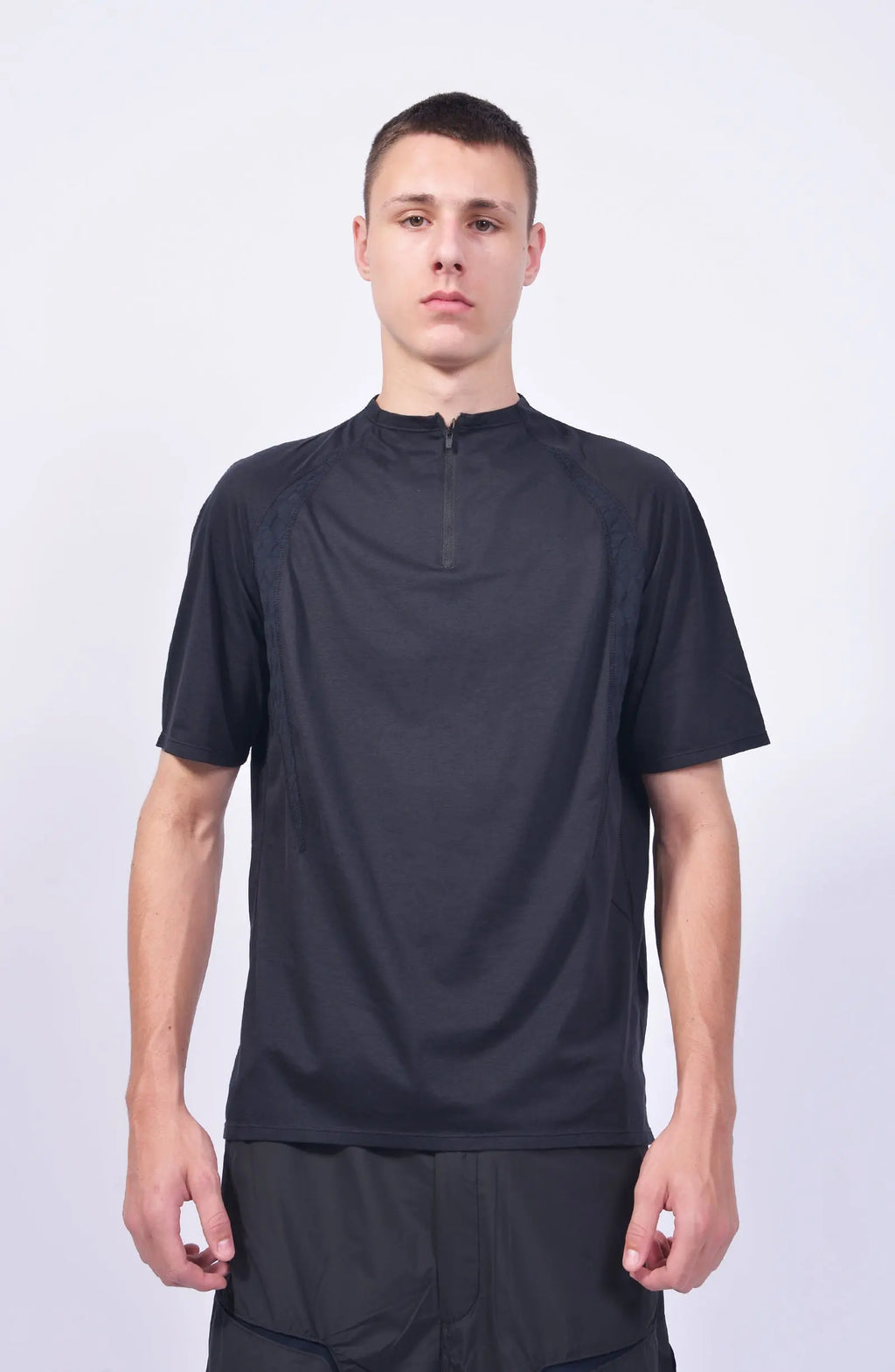 Nilmance, Mens T-Shirt, Black, Half-Zip, Breathable Cotton Modal Jersey, UV Protection, Short Sleeves, Mock Neck, Lightweight, Comfortable Jersey, Sun Protection, Front Portrait. 