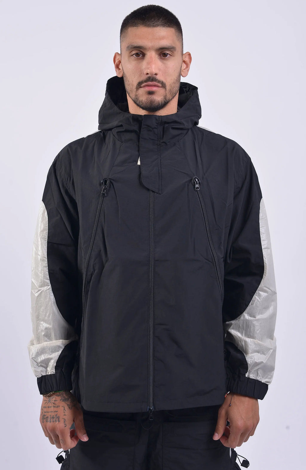 Nilmance, Mens Jacket, Black, Full-Zip, Hooded, YKK Zippers, Side Pockets, Waterproof, Windproof, Water-Repellent, Elasticated Cuffs, Black and White, Zip Pockets, Velcro, Front Portrait. 