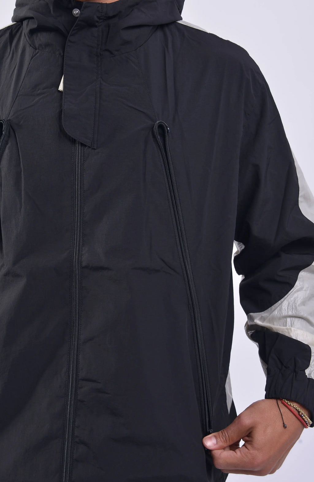 Nilmance, Mens Jacket, Black, Full-Zip, Hooded, YKK Zippers, Side Pockets, Waterproof, Windproof, Water-Repellent, Elasticated Cuffs, Black and White, Zip Pockets, Velcro, Side Pockets Zippers Showcase. 