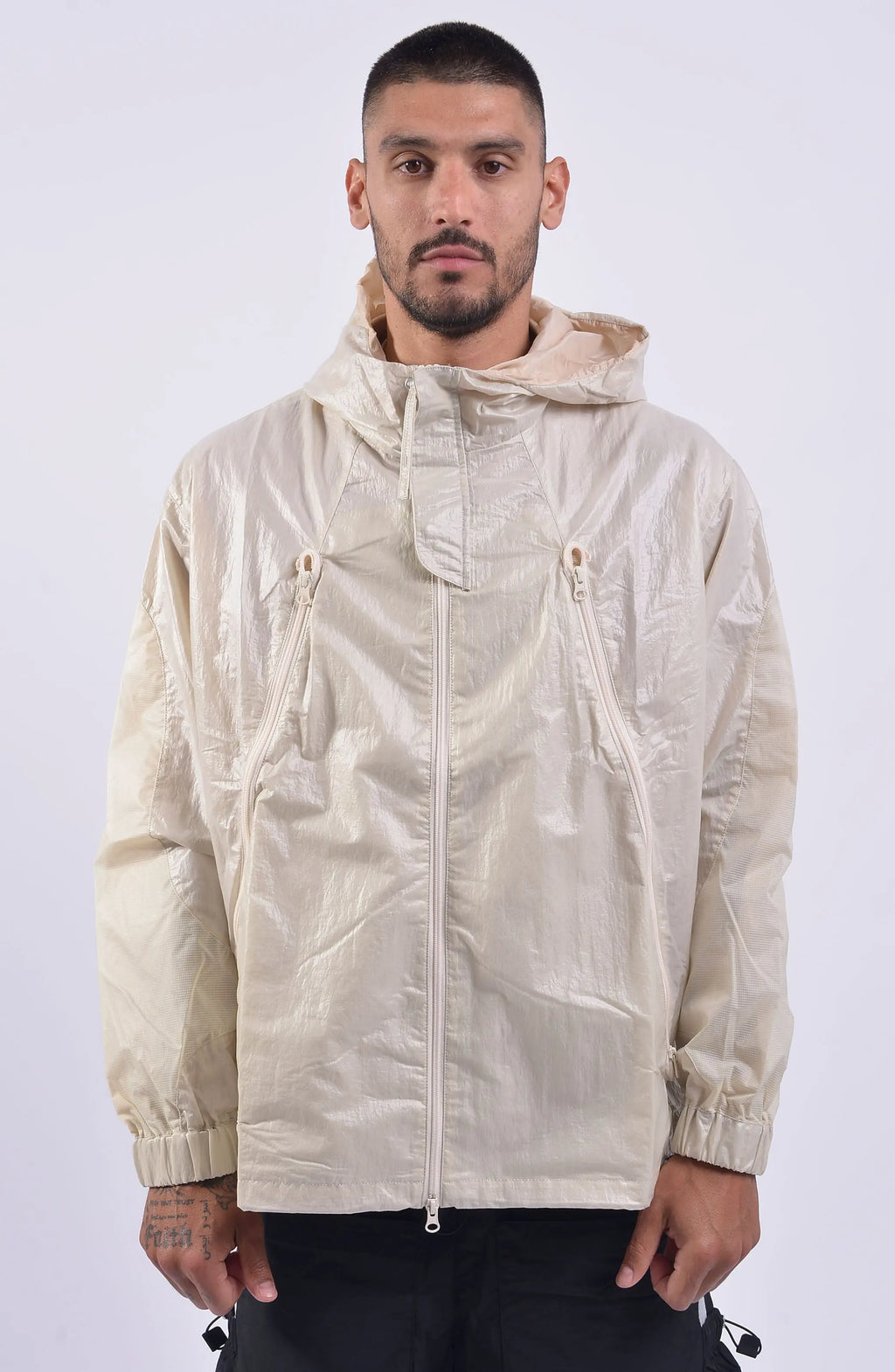 Nilmance, Mens Jacket, Ivory, Full-Zip, Hooded, YKK Zippers, Side Pockets, Waterproof, Windproof, Water-Repellent, Elasticated Cuffs, Zip Pockets, Velcro, Snap Buttons, Front Portrait. 