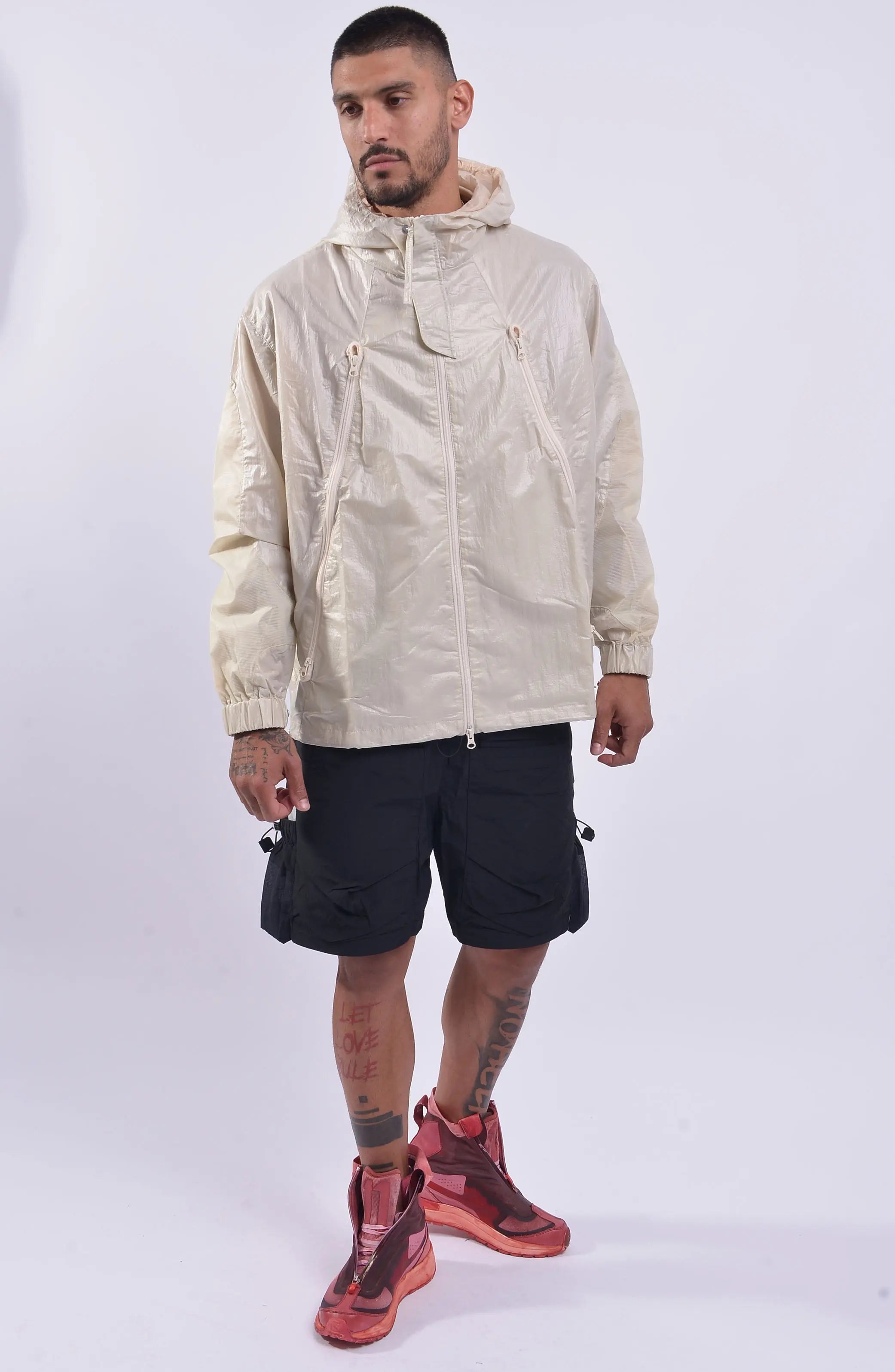 Nilmance, Mens Jacket, Ivory, Full-Zip, Hooded, YKK Zippers, Side Pockets, Waterproof, Windproof, Water-Repellent, Elasticated Cuffs, Zip Pockets, Velcro, Snap Buttons, Full Body Front 3/4 View. 