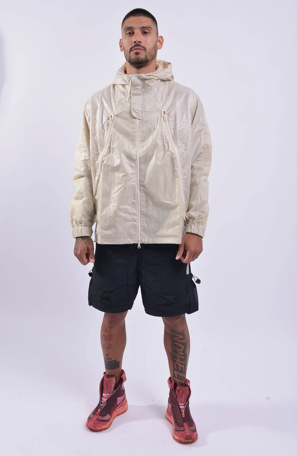 Nilmance, Mens Jacket, Ivory, Full-Zip, Hooded, YKK Zippers, Side Pockets, Waterproof, Windproof, Water-Repellent, Elasticated Cuffs, Zip Pockets, Velcro, Snap Buttons, Full Body Front View. 