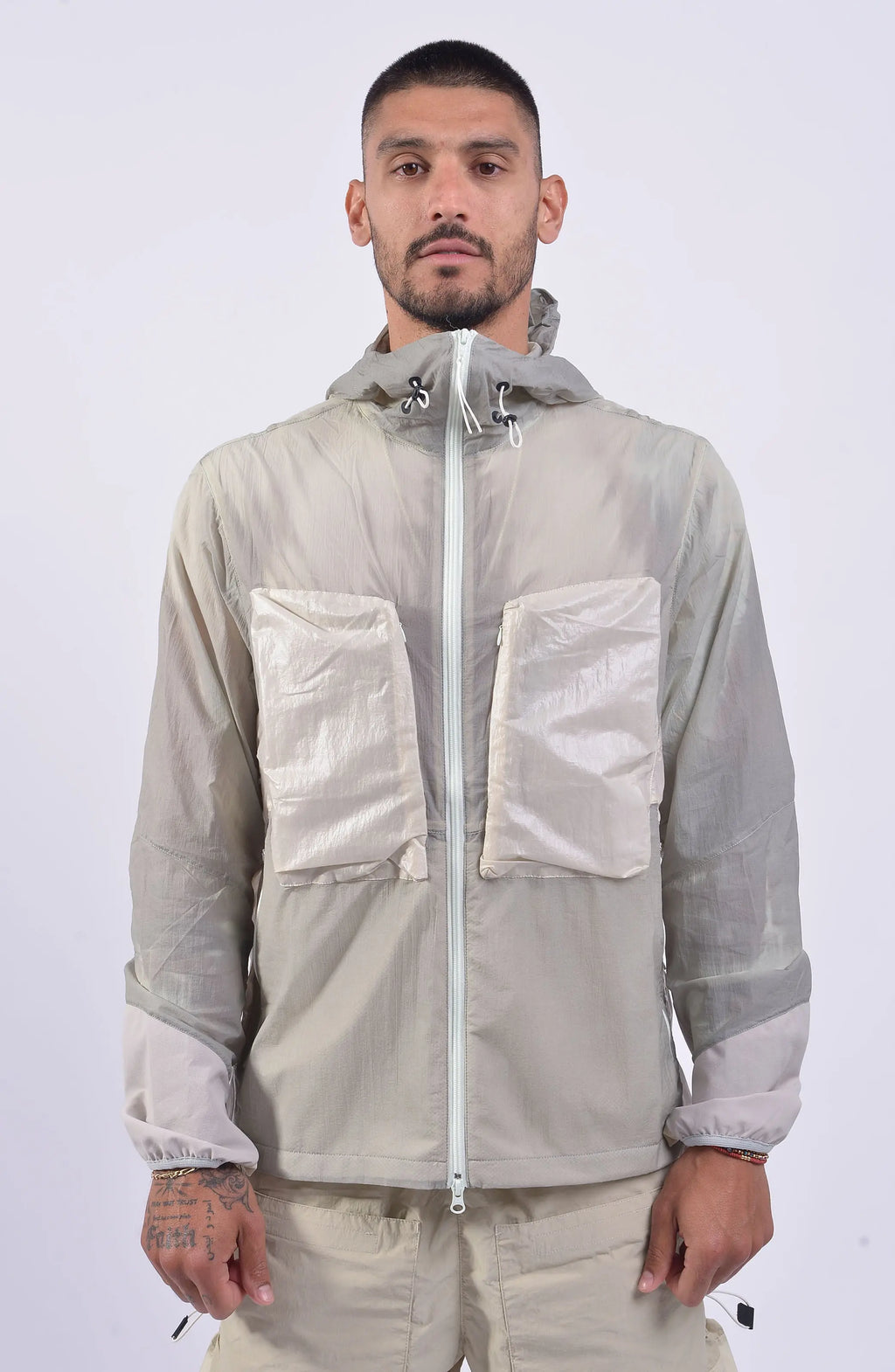 Nilmance, Mens Jacket, Ivory, Thermo Sensitive, Water-Repellent, Centre Zip Closure, Full-Zip, Bellows Zip Pockets, Elasticated Cuffs, Elastic Drawcord Hood, Zipper Ending at hood, YKK Zippers, Front Portrait. 