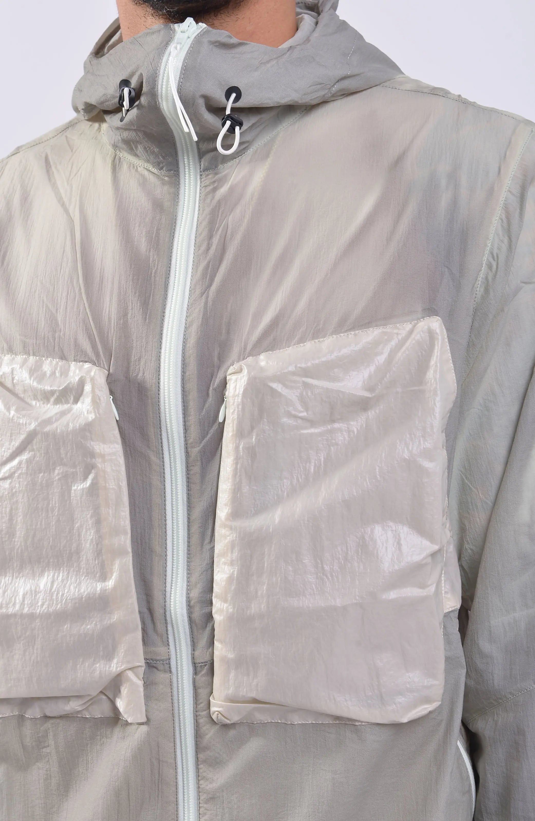 Nilmance, Mens Jacket, Ivory, Thermo Sensitive, Water-Repellent, Centre Zip Closure, Full-Zip, Bellows Zip Pockets, Elasticated Cuffs, Elastic Drawcord Hood, Zipper Ending at hood, YKK Zippers, Bellows Pockets Showcase. 