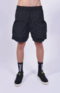 Nilmance, Mens Shorts, Black, Large Front pockets, Side Zip Pockets, Elasticated Waistband, Drawstring, Back Pockets, DWR Fabric, Water-Repellent, Waterproof, Loose-fit, Front Portrait. 