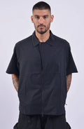 Nilmance, Mens Shirt, Black, Lazer Cut, Short Sleeves, Spread Collar, Full-Zip, YKK Zippers, Ventilation Holes, Wide-Fit, Oversized, Water-Repellent, Front Portrait. 