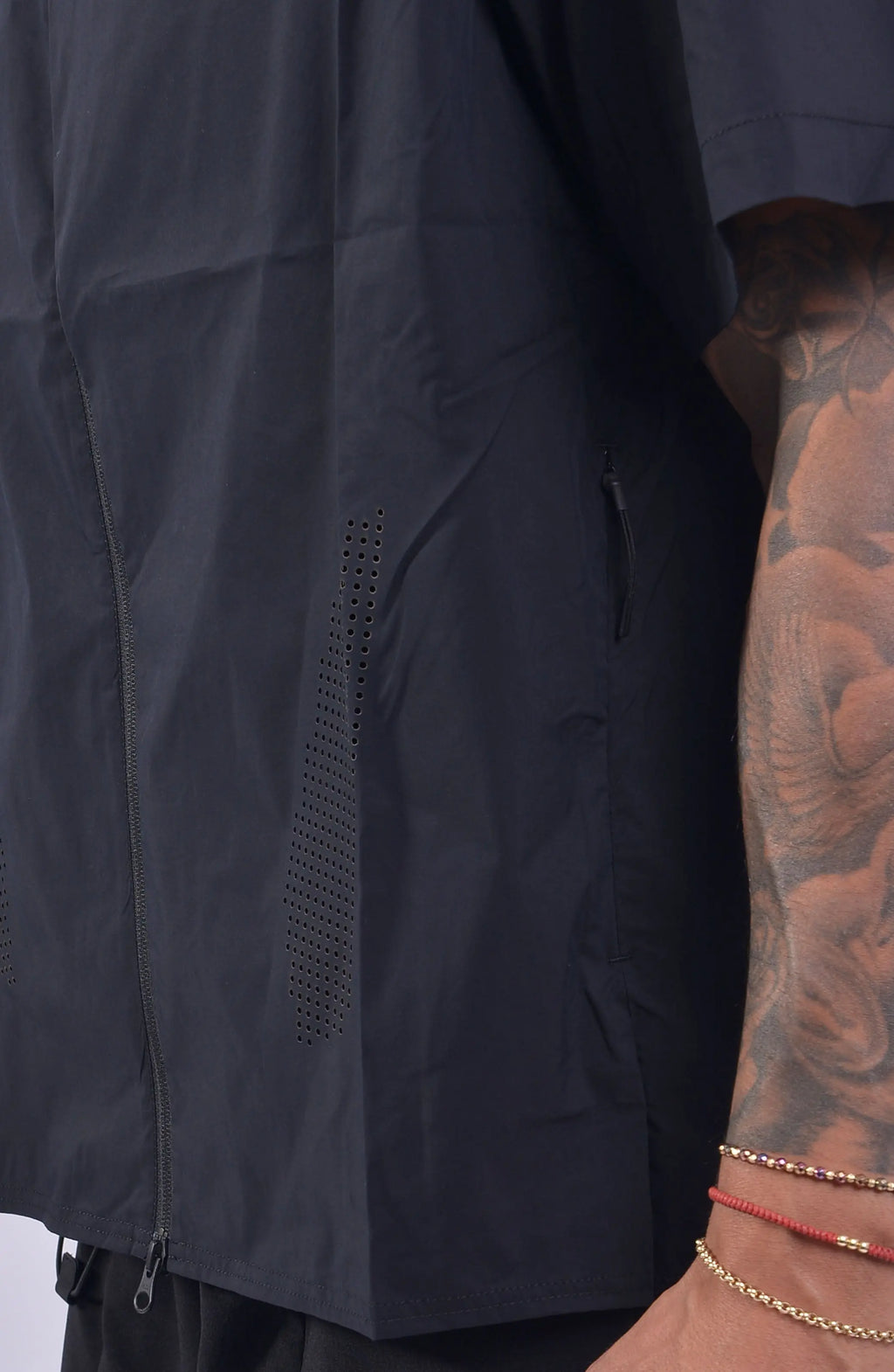 Nilmance, Mens Shirt, Black, Lazer Cut, Short Sleeves, Spread Collar, Full-Zip, YKK Zippers, Ventilation Holes, Wide-Fit, Oversized, Water-Repellent, Ventilation Showcase. 