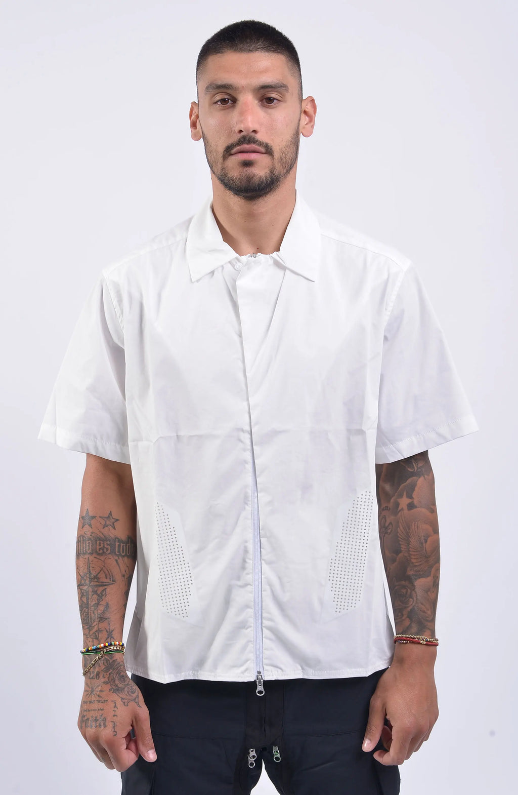 Nilmance, Mens Shirt, Black, Lazer Cut, Short Sleeves, Spread Collar, Full-Zip, YKK Zippers, Ventilation Holes, Wide-Fit, Oversized, Water-Repellent, Front Portrait. 