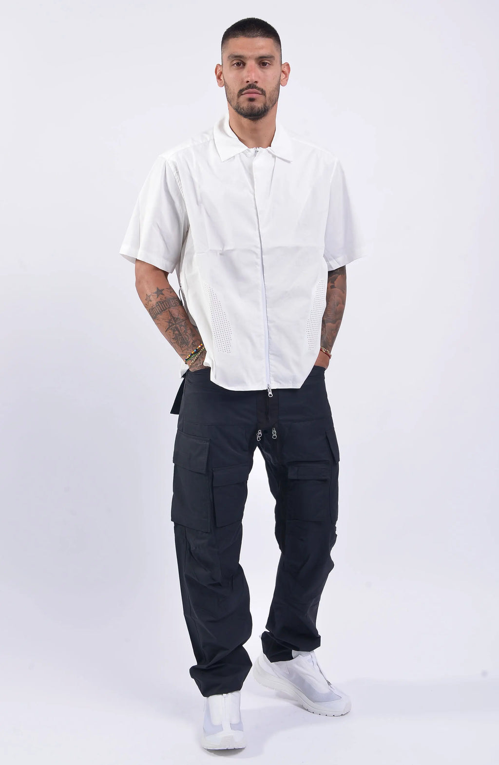 Nilmance, Mens Shirt, Black, Lazer Cut, Short Sleeves, Spread Collar, Full-Zip, YKK Zippers, Ventilation Holes, Wide-Fit, Oversized, Water-Repellent, Full Body Front View. 