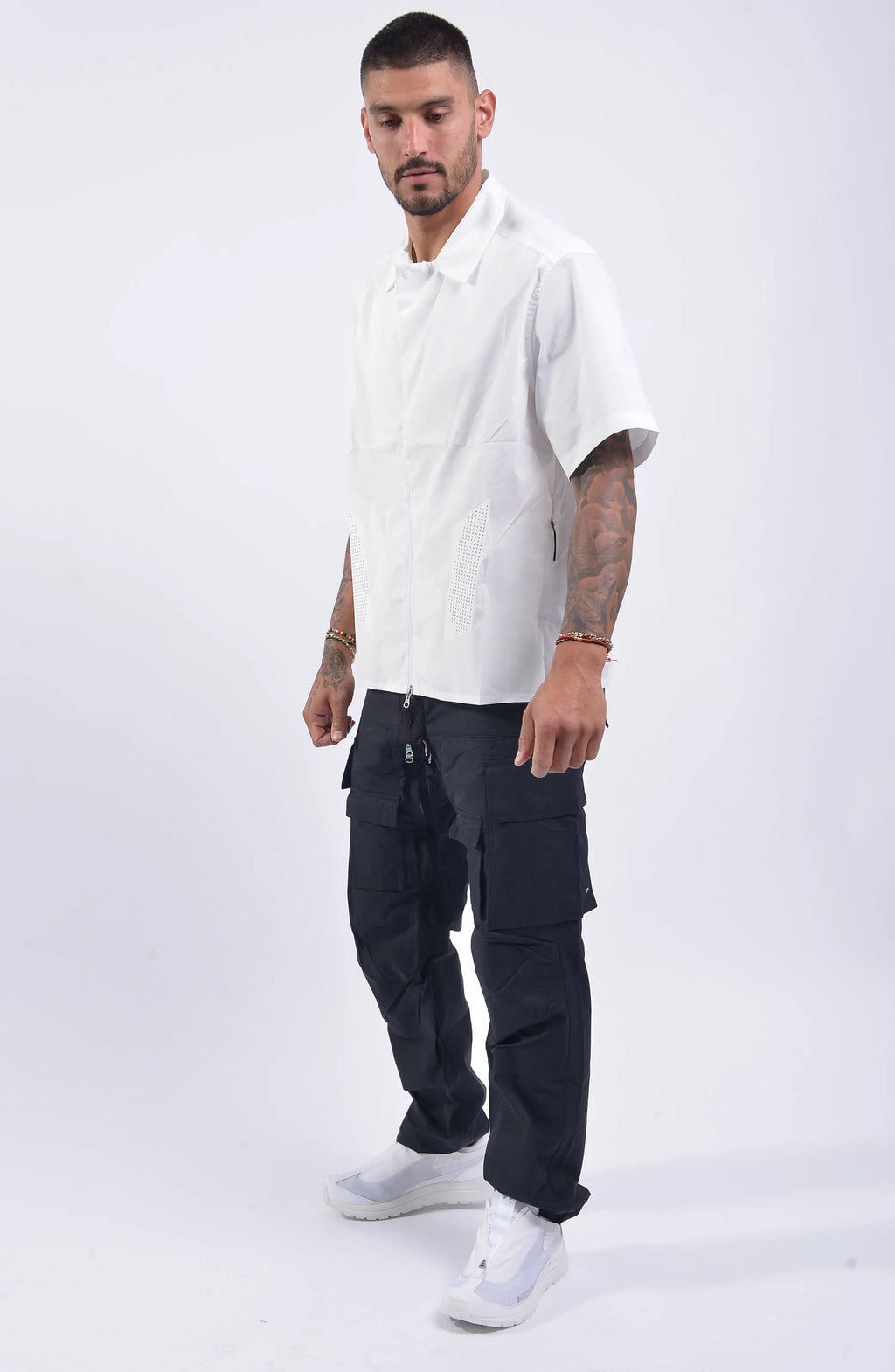 Nilmance, Mens Shirt, Black, Lazer Cut, Short Sleeves, Spread Collar, Full-Zip, YKK Zippers, Ventilation Holes, Wide-Fit, Oversized, Water-Repellent, Full Body Front 3/4 Photo. 