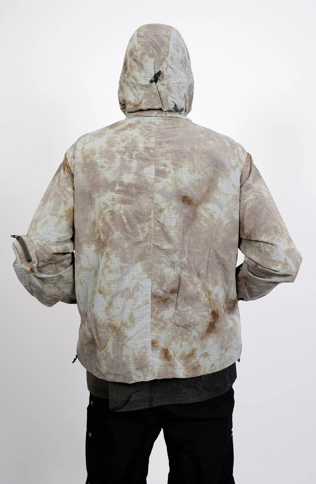 Nilmance, Mens Jacket, Garment Dyed, Grey, Brown, Acid, Cargo Pockets, Side Pockets, Hooded, Drawcord, Elastic Cuffs, Full Zip, Zip Pockets, YKK Zippers, Large Bellows Pockets, Back Portrait. 