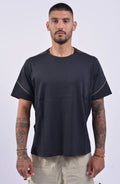 Nilmance, SS24-TE-03, Black, Contrasting Sleeve Seams, Zip Pockets, Side Pockets, Short Sleeves, Wide-fit, Crew Neck, Round Neck, Panel Construction, Front Portrait. 