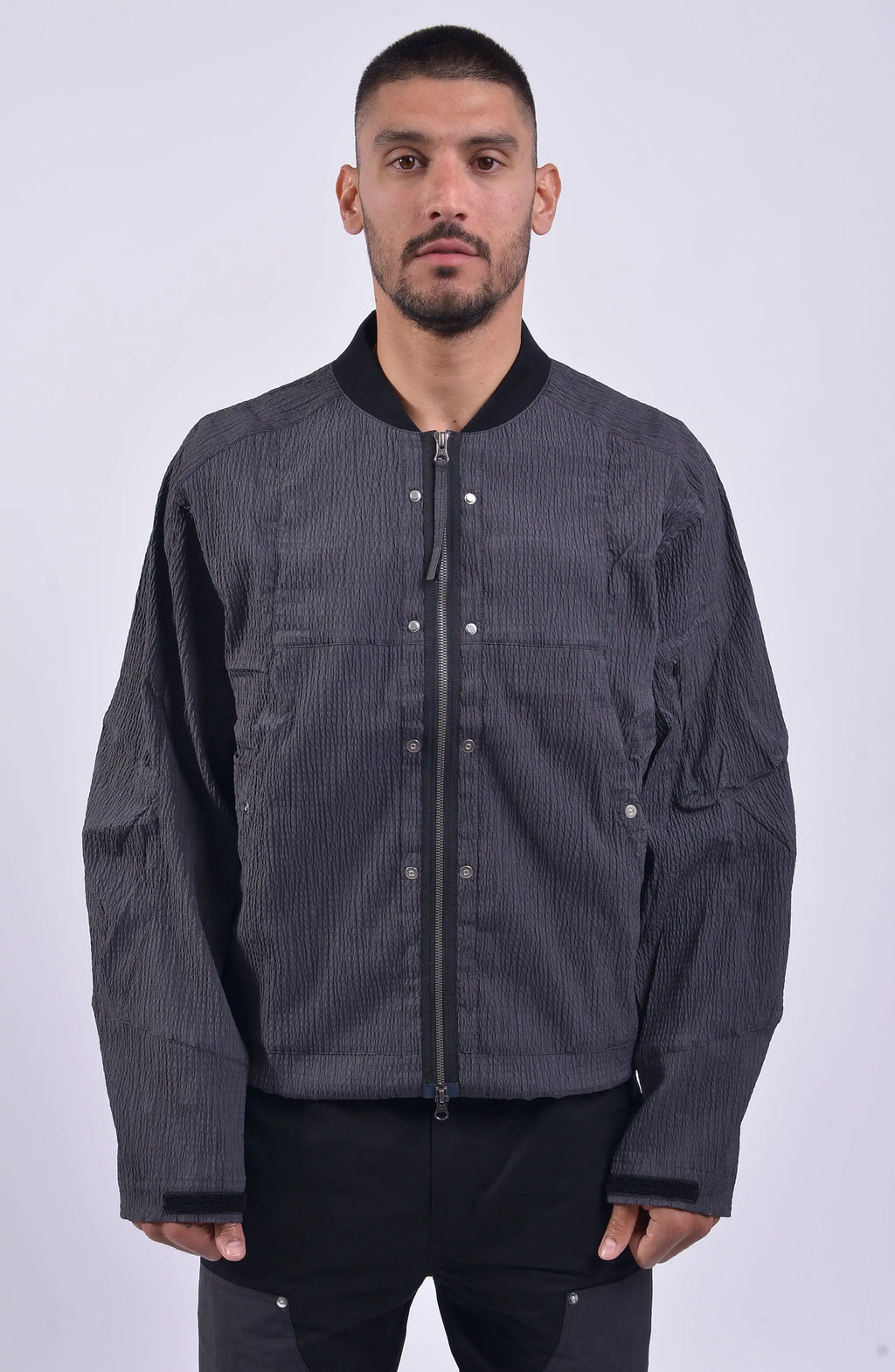 Nilmance, Mens Bomber Jacket, Grey, Black, Reversible, Water-Repellent, Centre Zip Closure, Full-Zip, Lining Zip, Vest Lining, Long Sleeves, Adjustable Cuffs, Velcro, YKK Zippers, Side Pockets, Round Neck, Snap Fastening,  Front Portrait. 