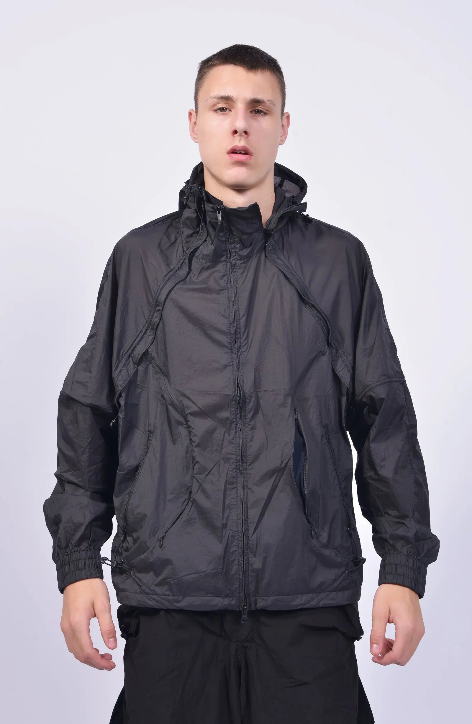 Nilmance, Mens Jacket, Transparent, Light Grey, Gray, Full Zip, Zip Ventilation Openings, Elasticated Cuffs, Cinch Hood, Drawcord Hood, Side Zip Pockets, Lightweight, Windproof, Front Portrait. 