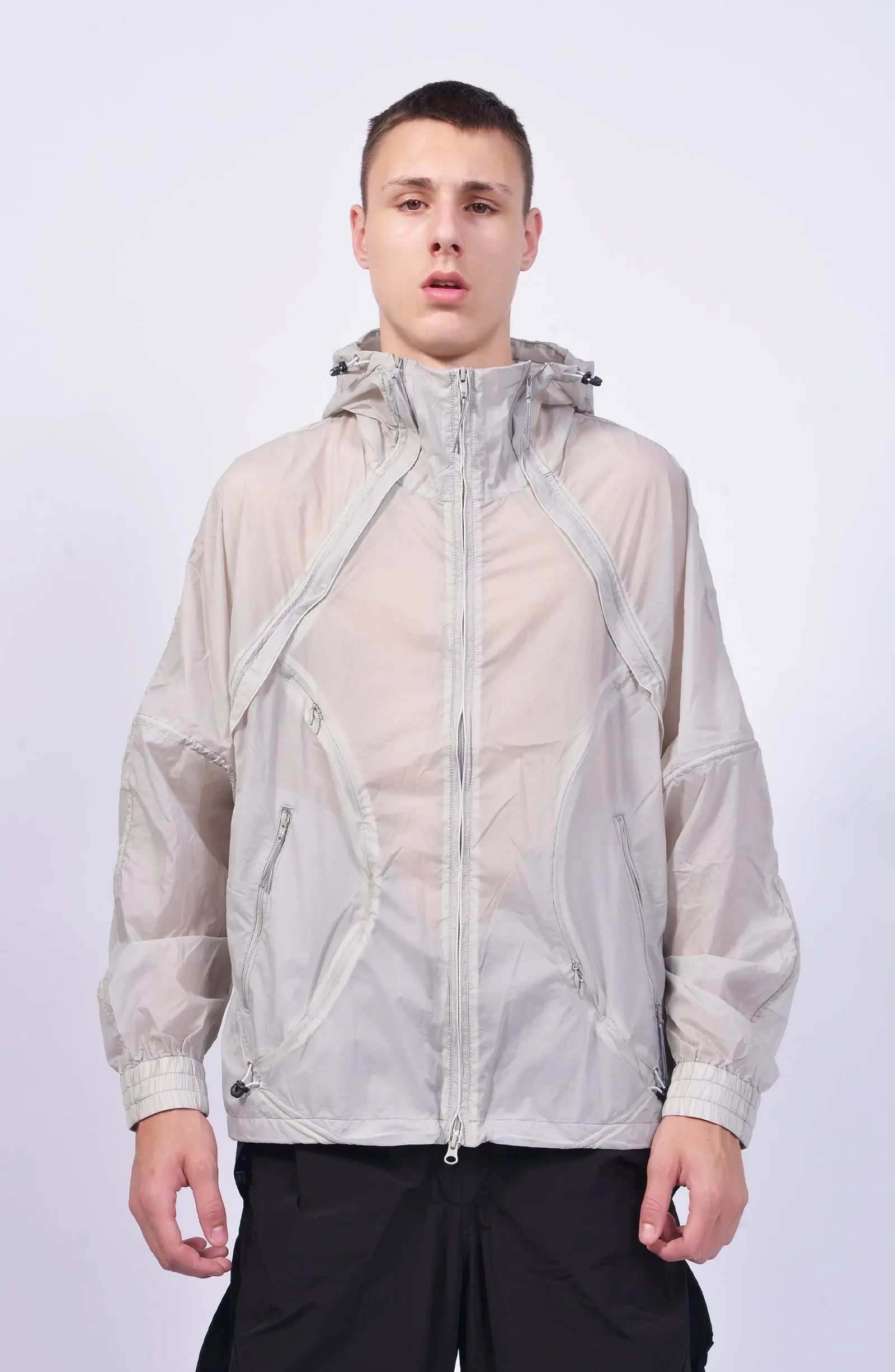 Nilmance, Mens Jacket, Transparent, Light Grey, Gray, Full Zip, Zip Ventilation Openings, Elasticated Cuffs, Cinch Hood, Drawcord Hood, Side Zip Pockets, Lightweight, Windproof, Front Portrait. 