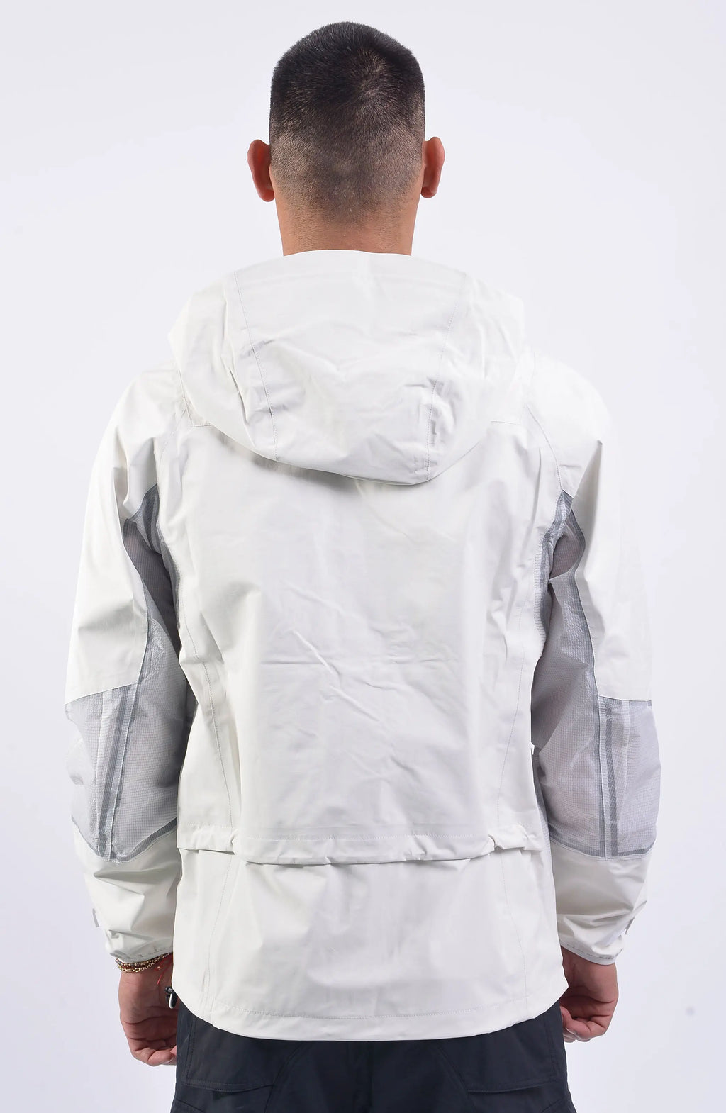 Nilmance, Mens Jacket, White, Hooded, Elasticateed Drawcord, Full Zip, Ripstop Bellows Pockets, YKK Zippers, YKK METALUXE®, YKK AQUAGUARD®, Vislon, Elasticated Cuffs, Waterproof, Windproof, Taped Seams, Laminated Fabric, Zip Pockets, Back Portrait. 