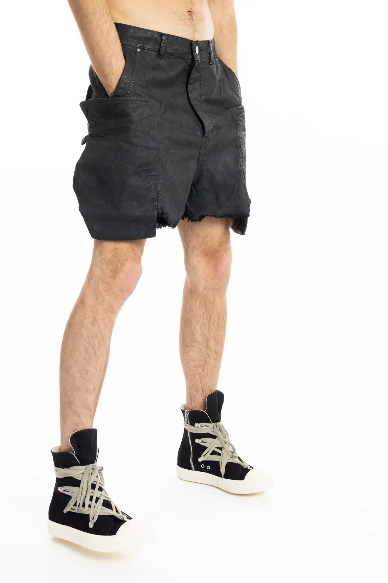 Rick Owens, cargo mens shorts, oversized, side pockets, raw hem , distressed look, Rick Owens Button, Zip Fly, 3/4 Front Photo. 