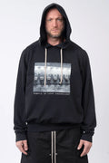 Rick Owens,Mens Hoodie,GOTS-Certified Organic Cotton Fleece Hoodie,Garment Dyed In Black,Hood With Drawstrings,Rib-Knit Hem And Cuffs,Central Ceam At Back,Temple of Love OWENSCORP Print,Integrated Logo-Woven Strap At Interior Side Seam,Front Portrait.