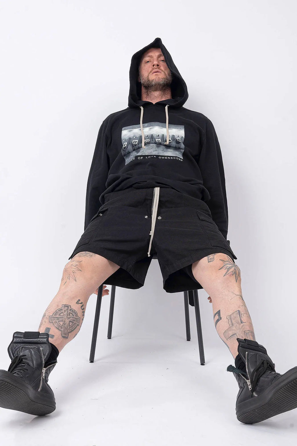 Rick Owens,Mens Hoodie,GOTS-Certified Organic Cotton Fleece Hoodie,Garment Dyed In Black,Hood With Drawstrings,Rib-Knit Hem And Cuffs,Central Ceam At Back,Temple of Love OWENSCORP Print,Integrated Logo-Woven Strap At Interior Side Seam,Front View.