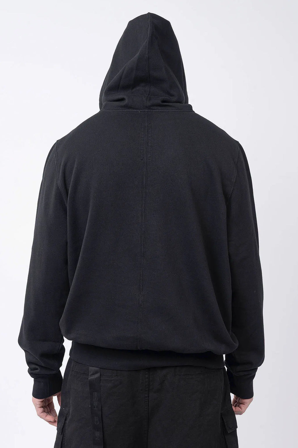 Rick Owens,Mens Hoodie,GOTS-Certified Organic Cotton Fleece Hoodie,Garment Dyed In Black,Hood With Drawstrings,Rib-Knit Hem And Cuffs,Central Ceam At Back,Temple of Love OWENSCORP Print,Integrated Logo-Woven Strap At Interior Side Seam,Back View.