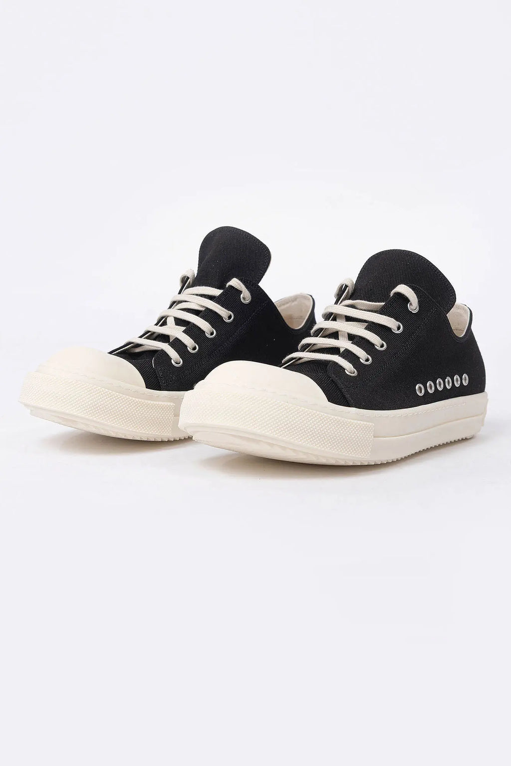 Rick Owens DRKSHDW, Mens Sneakers, Black Milk, Denim Sneakers with Rubber Soles, Signature Cunt Lettering at Heels, Lace-up low top, White Rubber, DRKSHDW Lettering on insoles, Breathability Holes, Front 3/4 View. 