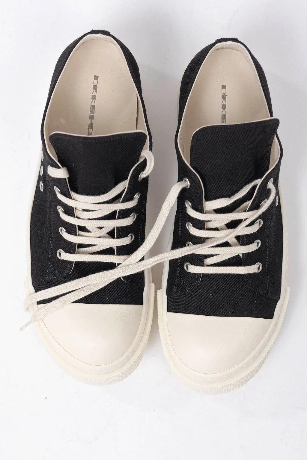 Rick Owens DRKSHDW, Mens Sneakers, Black Milk, Denim Sneakers with Rubber Soles, Signature Cunt Lettering at Heels, Lace-up low top, White Rubber, DRKSHDW Lettering on insoles, Top-Down View. 